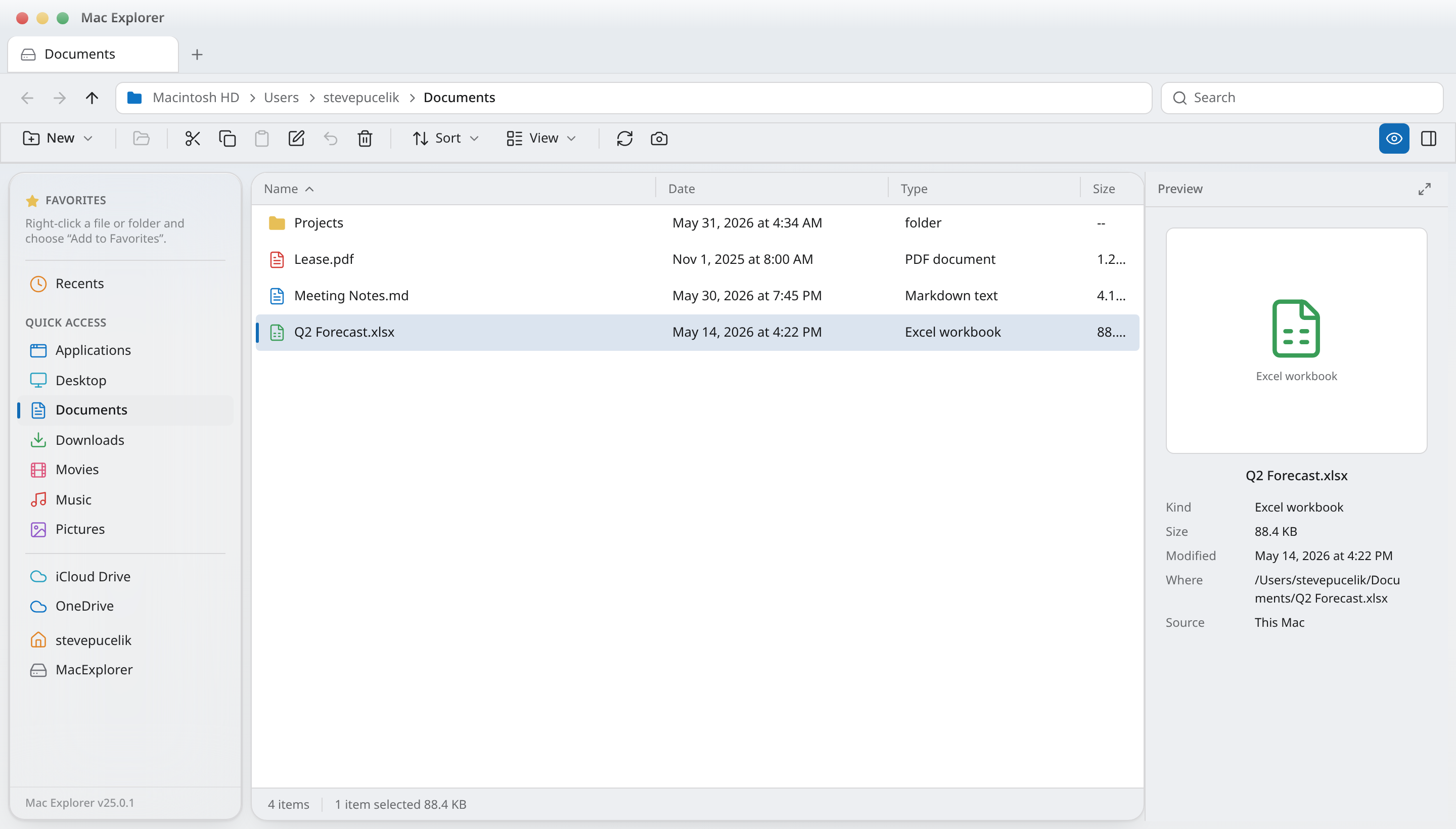 Mac Explorer window showing the Documents folder with tabs, a breadcrumb path bar, command bar, sidebar and preview pane